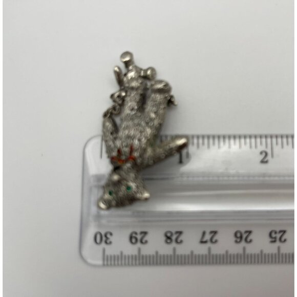Teddy Bears Brooch Textured Silver Tone Metal Red Bow Green Eyes - Picture 10 of 12